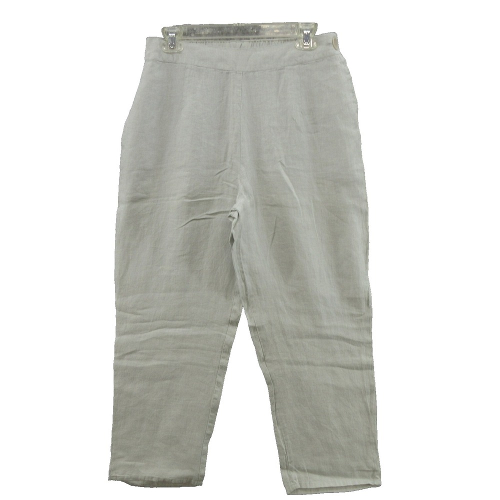 FLAX Designs Linen Pants Small Gray Pedal Pusher Elastic Waist Side Button New